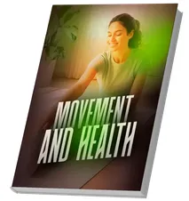 A 3D mockup of a book cover titled 'MOVEMENT AND HEALTH'. The title text is rendered in large, stylized white capital letters. The background features a softly blurred image of a smiling young woman with her hair tied up, wearing a light-colored t-shirt, sitting on the floor in a brightly lit room with indoor plants. The cover has a warm color gradient blending into a vibrant green overlay near the text.