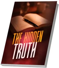 A 3D mockup of a book cover titled 'THE HIDDEN TRUTH'. The word 'THE HIDDEN' is rendered in stylized yellow capital letters, and the word 'TRUTH' is in large white capital letters below it. The background of the cover features a softly lit, warm image of an open book lying on a dark wooden surface with a pen resting on top of the pages.