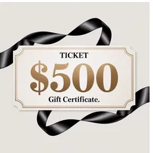 A rectangular cream-colored gift certificate ticket with an elegant double border, featuring the text 'TICKET' at the top, a large '$500' in a golden metallic font in the center, and 'Gift Certificate.' written below it. A glossy, flowing black ribbon is elegantly woven behind and around the ticket against a plain light background.
