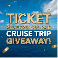 A promotional graphic against a background split horizontally by a bright blue sky with white clouds on top and a deep blue ocean below. The text features large golden letters for 'TICKET' and 'ALL-EXPENSES-PAID', followed by 'CRUISE TRIP' in bold white capital letters, and 'GIVEAWAY!' in matching golden capital letters at the bottom. Metallic golden confetti flakes float dynamically around the text.