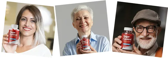 A collage of three smiling people of different ages, each holding up a bottle of 'Sugar Control Keto Gummies'. On the left, a young woman with blonde-streaked hair holds a bottle in her hand. In the center, a middle-aged woman with short gray hair smiles broadly while holding a bottle. On the right, an elderly man with glasses, a white beard, and a flat cap holds a bottle next to his face.