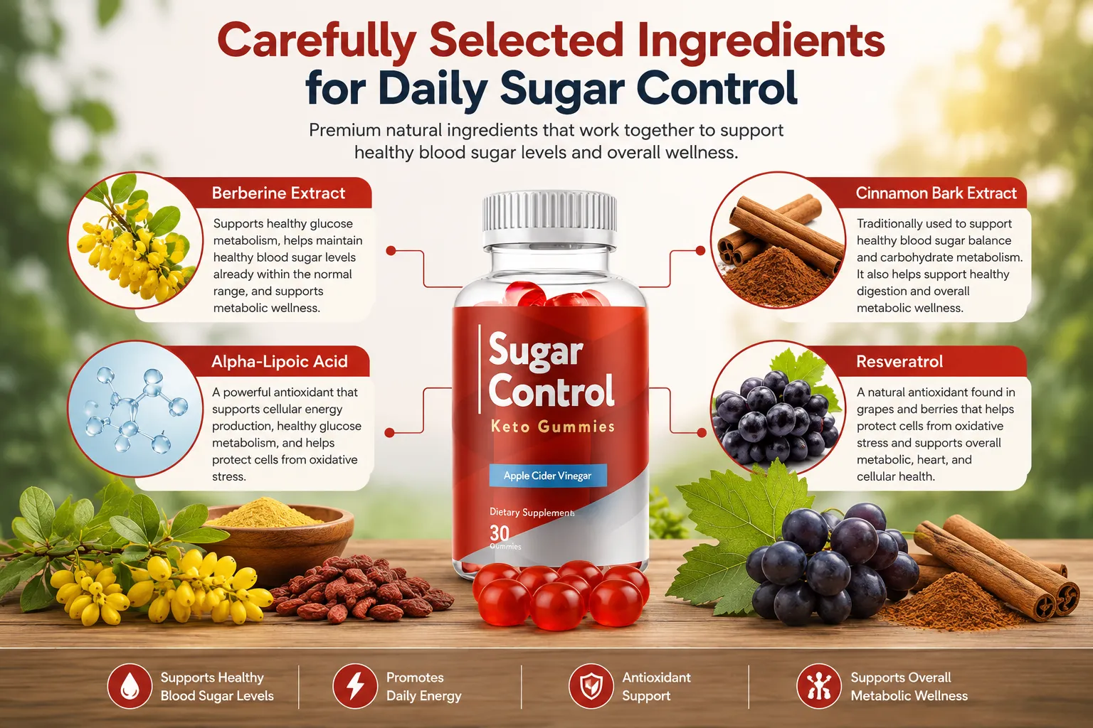A promotional infographic titled 'Carefully Selected Ingredients for Daily Sugar Control' showcasing the components of 'Sugar Control Keto Gummies'. In the center sits a red supplement bottle with loose red gummies around its base on a rustic wooden table. Four circular inset images display individual ingredients with descriptive callout boxes Berberine Extract, Alpha-Lipoic Acid, Cinnamon Bark Extract, and Resveratrol. The bottom footer highlights general product benefits with corresponding icons Supports Healthy Blood Sugar Levels, Promotes Daily Energy, Antioxidant Support, and Supports Overall Metabolic Wellness.