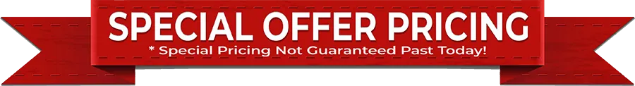 A red promotional banner ribbon with text reading 