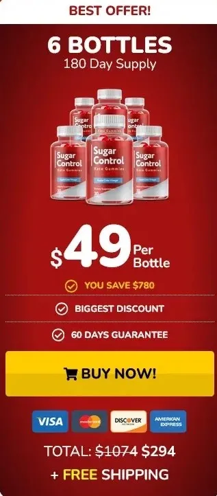 A promotional deal card titled 'BEST VALUE!' featuring an '8 BOTTLES 180 DAY SUPPLY' bundle of Sugar Control Keto Gummies with a 'BUY 4 GET 4 FREE' offer. The graphic shows eight red supplement bottles arranged together, alongside two bonus guidebooks titled 'The Hidden Truth' and 'Movement and Health'. The price is listed as $29 Per Bottle, with bullet points stating 'YOU SAVE $1800', 'BIGGEST DISCOUNT', '60 Days Guarantee', and '4 Exclusives Bonuses Free'. The total price shows a crossed-out $2100, reduced to $294. A large orange 'ADD TO CART!' button with a shopping cart icon sits above credit card payment logos and an orange '+ FREE US SHIPPING' badge.
