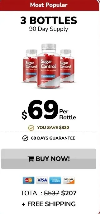 A promotional deal card titled 'GOOD VALUE!' featuring a '4 BOTTLES 90 DAY SUPPLY' bundle of Sugar Control Keto Gummies with a 'BUY 3 GET 1 FREE' offer. The graphic shows a group of four red supplement bottles with a yellow '1 FREE' tag. The price is listed as $44 Per Bottle, with text stating 'YOU SAVE $697' and a '60 Days Guarantee'. The total price shows a crossed-out $874, reduced to $207. A large orange 'ADD TO CART!' button with a shopping cart icon is featured above credit card payment logos and an orange '+ FREE US SHIPPING' badge.