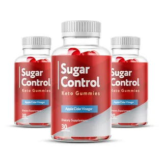Three red bottles of 'Sugar Control Keto Gummies' dietary supplement showcased on a futuristic, glowing metallic platform against a dark red background. The foreground bottle clearly displays labels for 'Apple Cider Vinegar' and '30 Gummies'. Red, floating molecular structures surround the bottles on both sides.