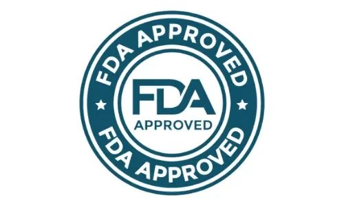 A circular, teal-colored quality seal featuring the stylized letters 'FDA' above the word 'APPROVED' in the center. The center circle is surrounded by a teal outer ring that repeats the phrase 'FDA APPROVED' along the top and bottom curves, separated by two small white stars on the left and right sides.