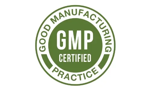 An olive green, circular certification stamp featuring the bold acronym 'GMP' above the word 'CERTIFIED' in white text at the center. The inner circle is bordered by an outer ring containing the phrase 'GOOD MANUFACTURING PRACTICE' in dark green block lettering.