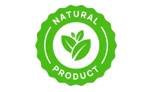 A green, circular certification seal with a scalloped edge featuring the text 'NATURAL PRODUCT' in a bold white font. The center of the badge displays an icon of three green leaves inside a white circle.