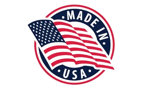 A circular 'MADE IN USA' product seal featuring a waving American flag in the center. The badge is outlined in red and filled with a dark blue circular border containing the words 'MADE IN' at the top and 'USA' at the bottom in bold white text.